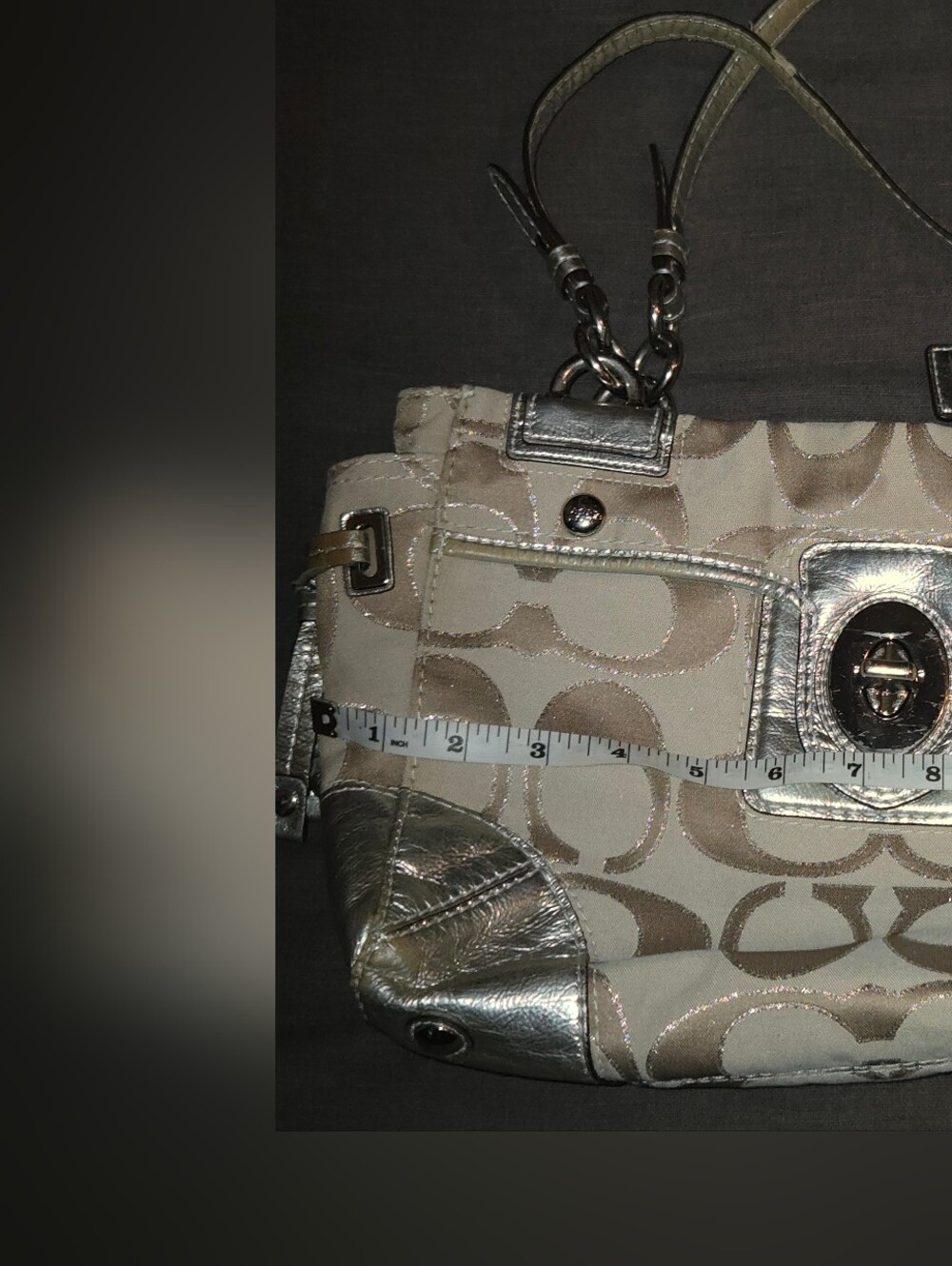 Coach Signature Canvas Tote Bag Beige & Silver Metallic Shoulder Purse - Picture 8 of 10